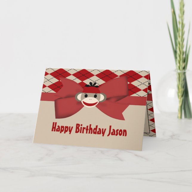 Sock Monkey Boy Gingham Birthday Party Card (Front)