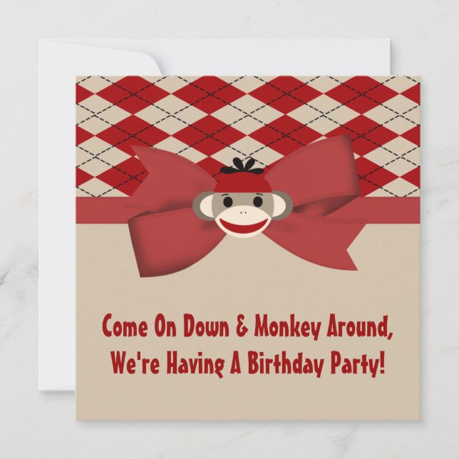 Sock Monkey Boy Gingham Birthday Party Invitation (Front)
