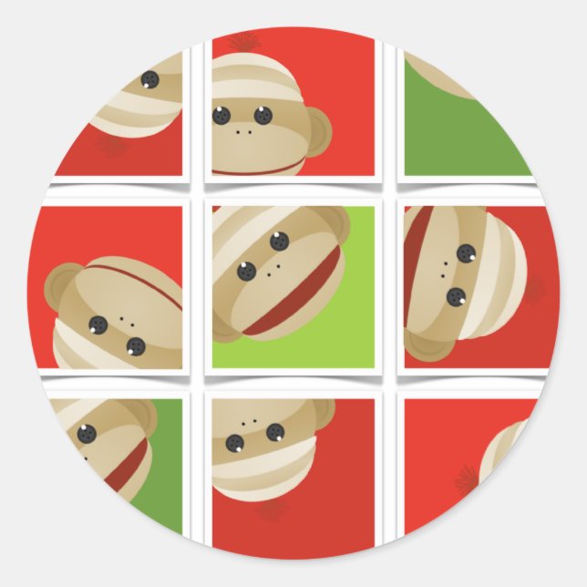 Sock Monkey Christmas Blocks Round Stickers (Front)