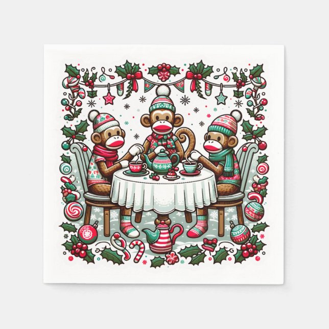 Sock Monkey Christmas Tea Party Napkin (Front)