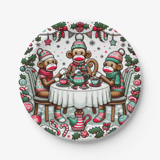 Sock Monkey Christmas Tea Party Paper Plate