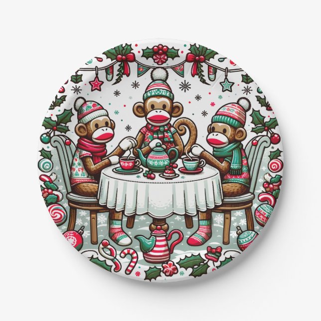 Sock Monkey Christmas Tea Party Paper Plate (Front)