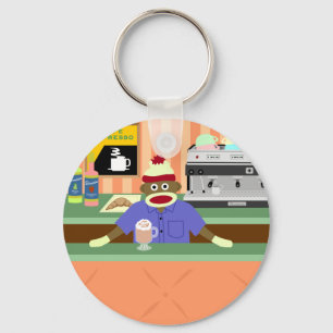 Sock Monkey Coffee Shop Barista Key Ring