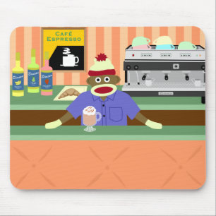 Sock Monkey Coffee Shop Barista Mouse Mat