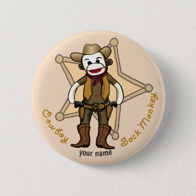 Sock Monkey Cowboy  pin button (Front)