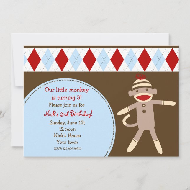 Sock Monkey Custom Birthday Party Invitaitons Invitation (Front)