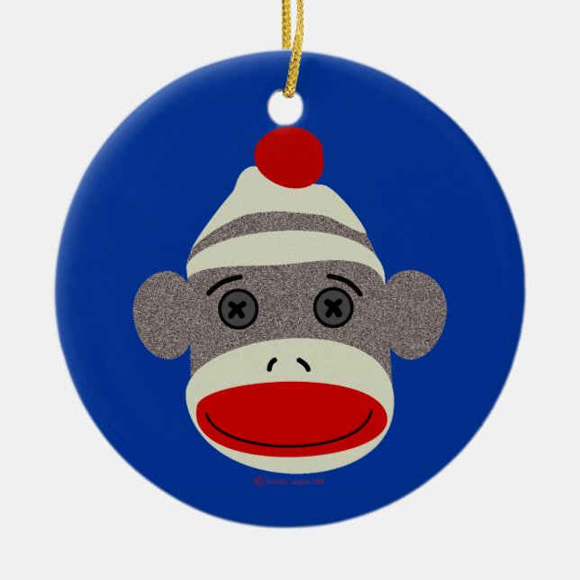 Sock Monkey Face Ceramic Tree Decoration (Front)