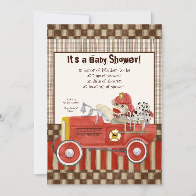 Sock Monkey, Fire Truck Boy Baby Shower Invitation (Front)