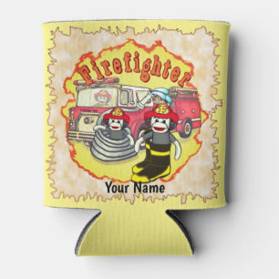 Sock Monkey Firetruck Firefighter  Can Cooler