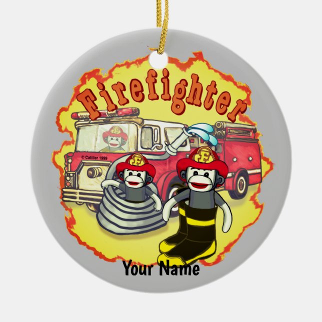 Sock Monkey  Firetruck Firefighter  Ceramic Tree Decoration (Front)