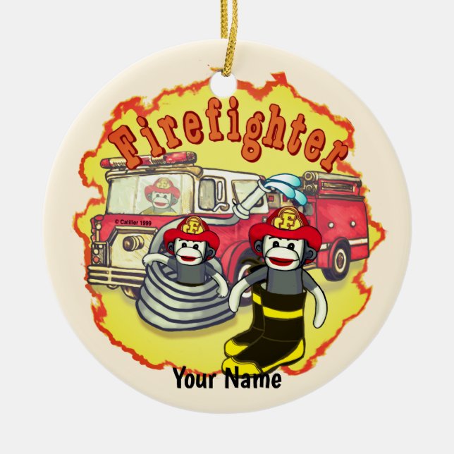 Sock Monkey  Firetruck Firefighter  Ceramic Tree Decoration (Front)