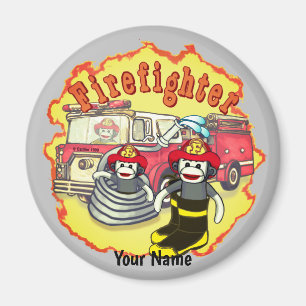 Sock Monkey Firetruck Firefighter Magnet