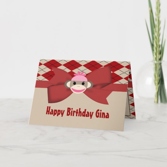 Sock Monkey Girl Gingham Birthday Party Card (Front)