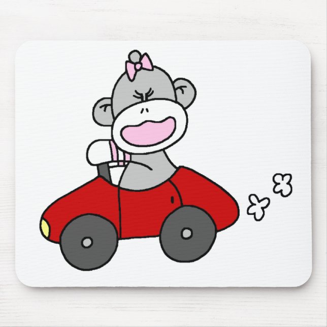 Sock Monkey Girl in Red Car Mouse Mat (Front)