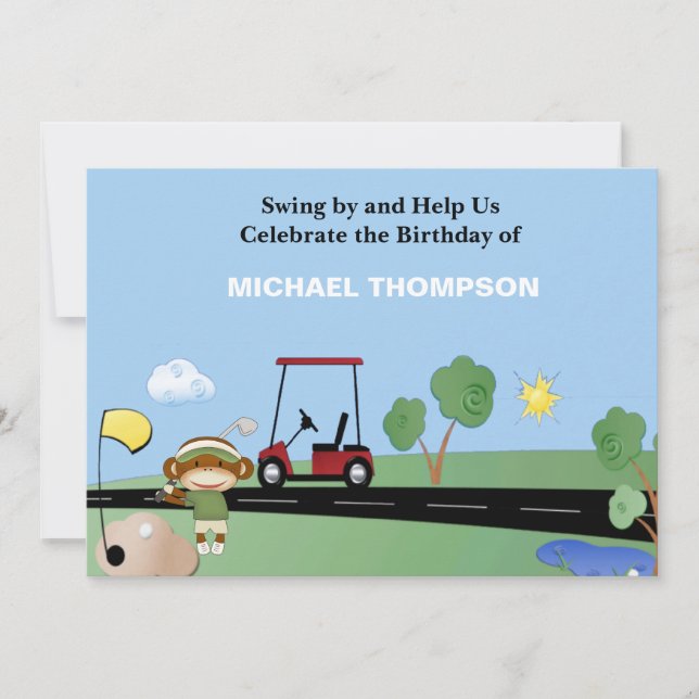 Sock Monkey Golf Birthday Invitations (Front)