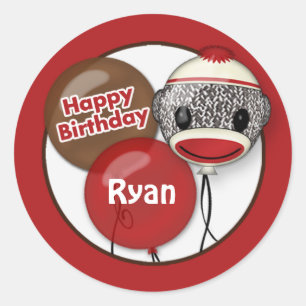 SOCK MONKEY "Happy Birthday" Round sticker SMR #2