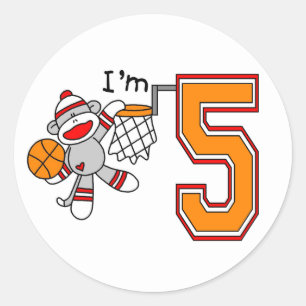Sock Monkey Hoops 5th Birthday Classic Round Sticker