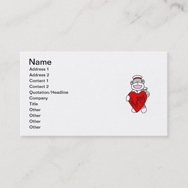 Sock Monkey I Love Nursing T-shirts and Gifts Business Card (Front)