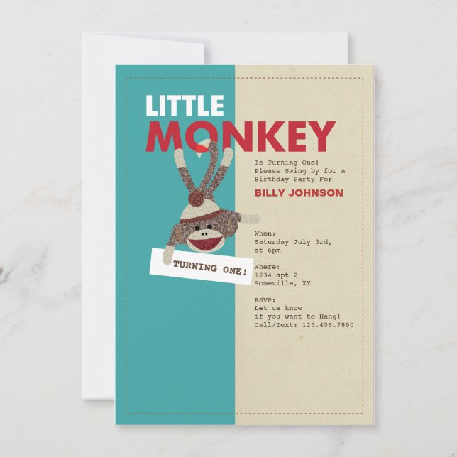 Sock Monkey Invitation-Turning one! Invitation (Front)