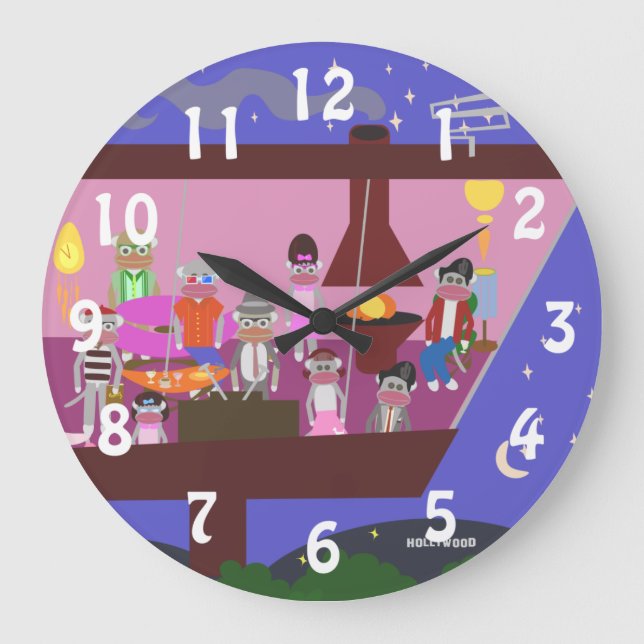 Sock Monkey Jet Set Party Cartoon Retro Art Large Clock (Front)