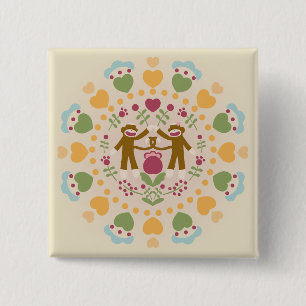 Sock Monkey Lovers in a Folk Garden 15 Cm Square Badge