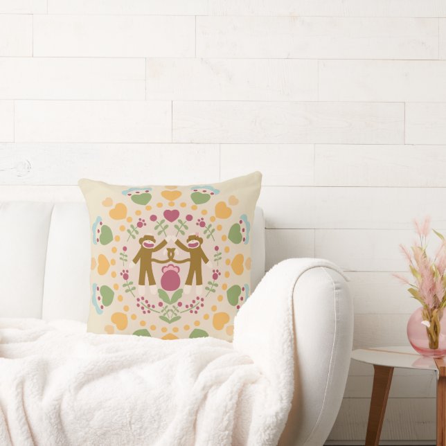 Sock Monkey Lovers in a Folk Garden Cushion (Couch)