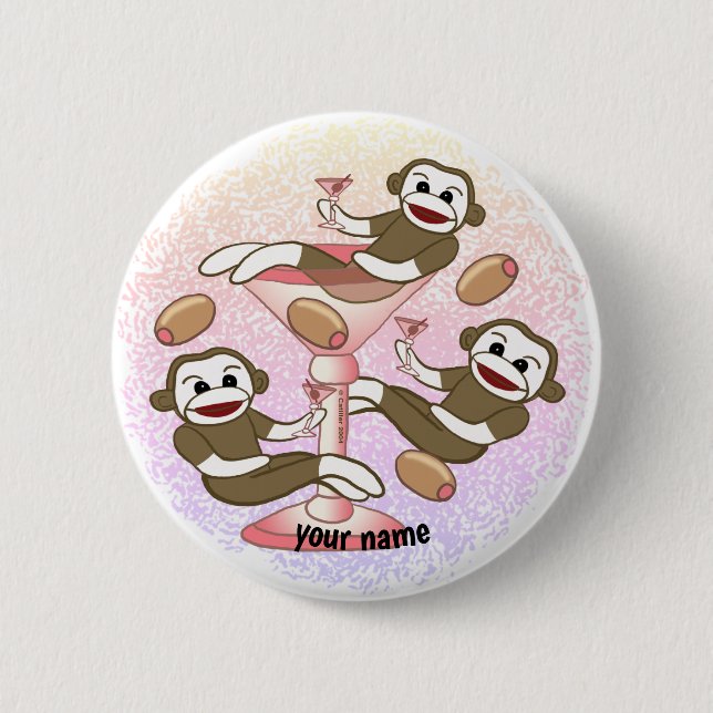Sock Monkey Martini  6 Cm Round Badge (Front)