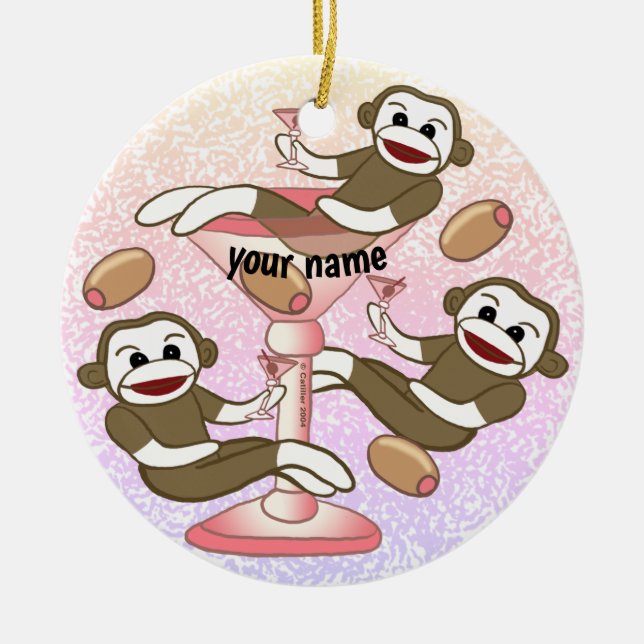 Sock Monkey Martini  Ceramic Tree Decoration (Front)