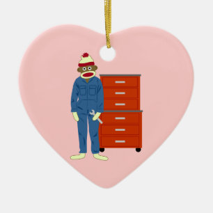 Sock Monkey Mechanic Ceramic Tree Decoration