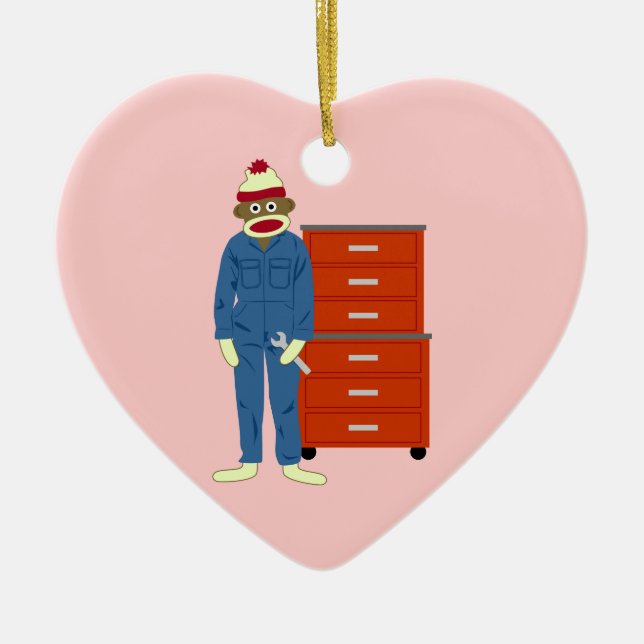 Sock Monkey Mechanic Ceramic Tree Decoration (Front)