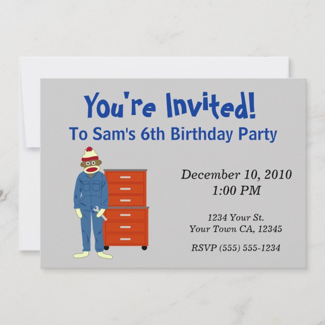 Sock Monkey Mechanic Party Invitations (Front)