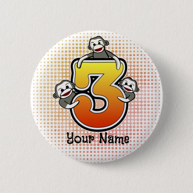 Sock Monkey  Number 3  6 Cm Round Badge (Front)