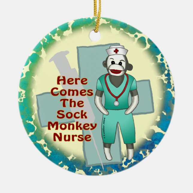 Sock Monkey Nurse custom name ornament (Front)