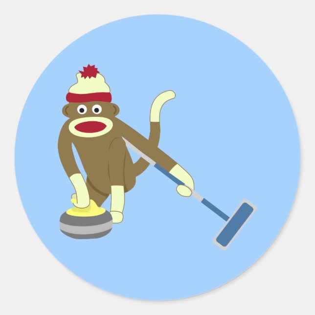 Sock Monkey Olympic Curling Classic Round Sticker (Front)