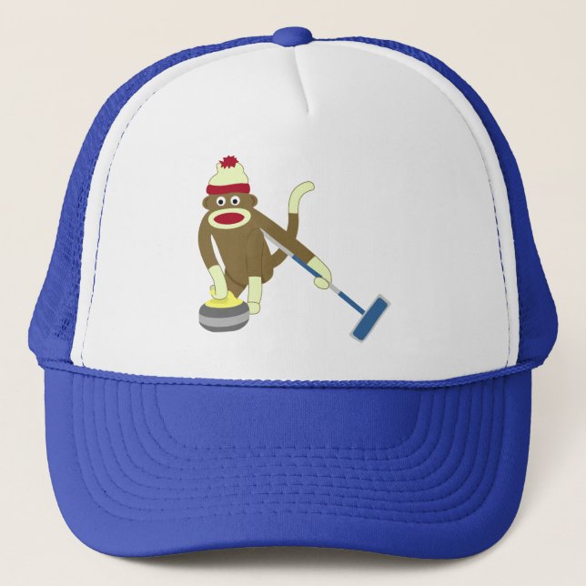 Sock Monkey Olympic Curling Trucker Hat (Front)