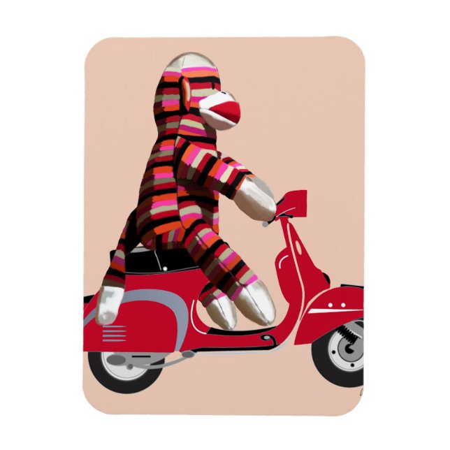 Sock Monkey on Red Moped Magnet (Vertical)