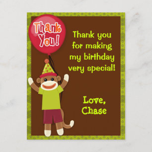 Sock Monkey Party Thank You Card