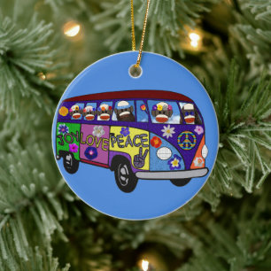 Sock Monkey Peace Bus Ceramic Tree Decoration
