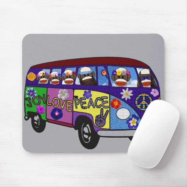 Sock Monkey Peace Bus  Mouse Mat (With Mouse)