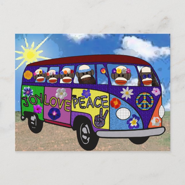 Sock Monkey Peace Bus Postcard (Front)