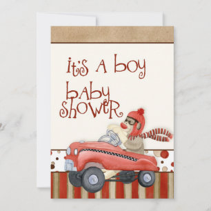 Sock Monkey Pedal Car, Boy Baby Shower Invitation