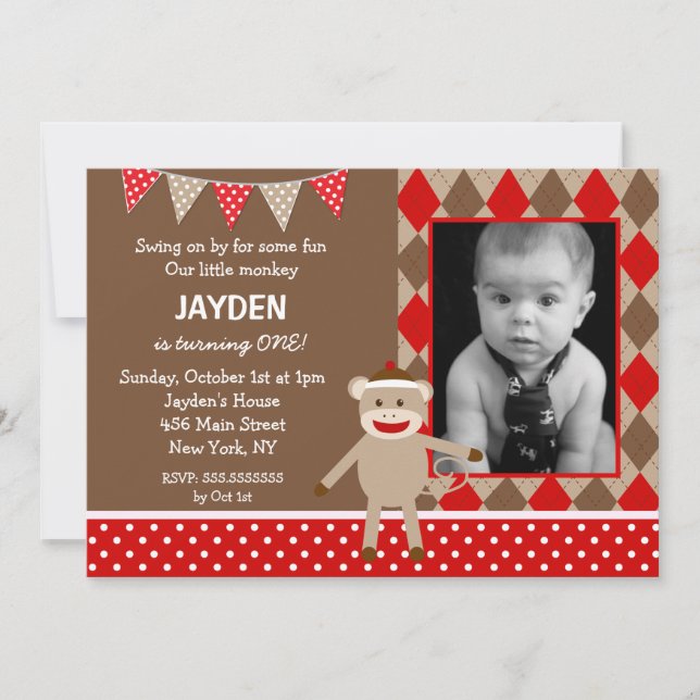 Sock Monkey Photo Birthday Invitations (Front)