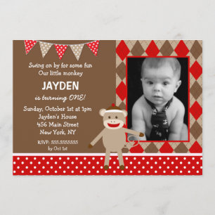 Sock Monkey Photo Birthday Invitations