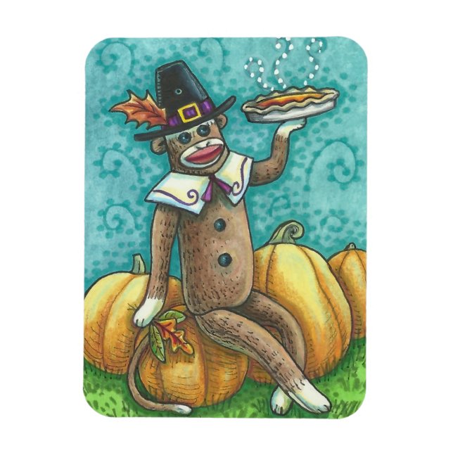 SOCK MONKEY PILGRIM & PIE, THANKSGIVING MAGNET (Vertical)