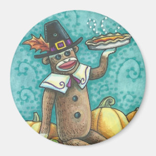 SOCK MONKEY PILGRIM THANKSGIVING DAY MAGNET Round