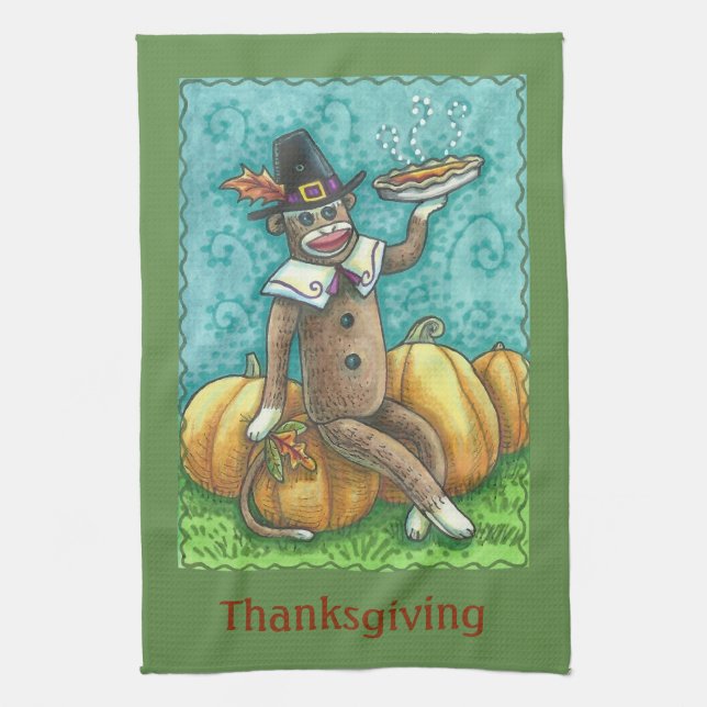 SOCK MONKEY PILGRIM, THANKSGIVING KITCHEN TOWEL (Vertical)