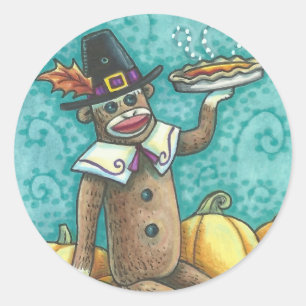 SOCK MONKEY PILGRIM THANKSGIVING STICKER SHEET Rnd