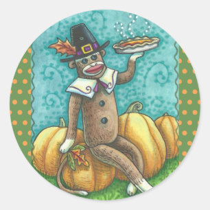 SOCK MONKEY PILGRIM THANKSGIVING STICKER SHEET Rnd