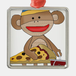 Sock monkey pizza and a soda metal tree decoration