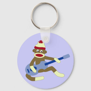 Sock Monkey Playing Blue Guitar Key Ring